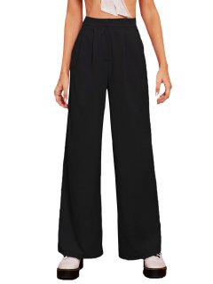 Floerns Women's Casual High Waisted Pleated Wide Leg Palazzo Pants Trousers Blac