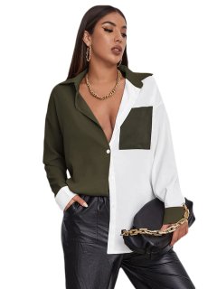 SheIn Women's Color Block Button Down Blouse V Neck Long Sleeve Collar Oversized