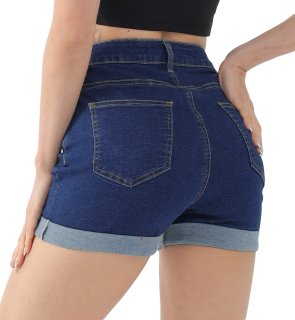 Romastory Women's High Waisted Elastic Jeans Shorts Folded Hem Hot Denim Shorts 