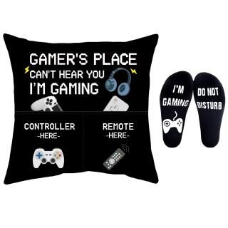 Gamer Gifts Pillow Cover Case 18x18 inch with Dual Pockets and Funny Gamer Socks