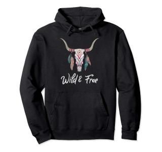 Distressed Boho Steer Skull for Teens Women and Girls Pullover Hoodie