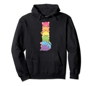 Cute LGBT Rainbow Gay Pride Flag Kawaii Cat Pile Anime Art Pullover Hoodie