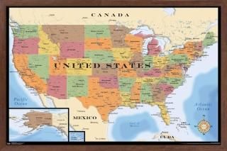 Trends International Map - USA Wall Poster 14.725 x 22.375 Mahogany Framed Versi