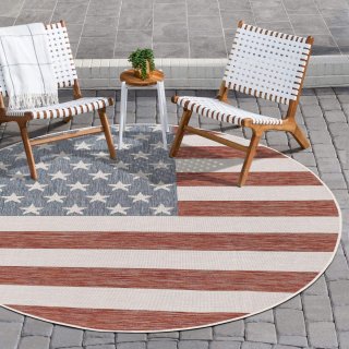 Unique Loom Jill Zarin Outdoor Collection Casual USA Flag Red/White Round Rug 6'
