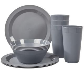 US Acrylic Newport Plastic Plate Bowl and Tumbler Dinnerware Set for 4 in Grey S