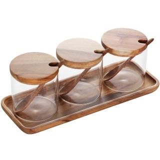 3 Pack 250ml / 8.5oz Clear Glass Seasoning Jar with Wooden Lid and Wooden Spoon 