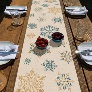 Seliem Winter Snowflakes Table Runner Gold Blue Tabletop Scarf Home Kitchen Chri