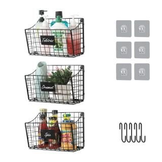 Wall Mounted Bin Basket with 5 Hooks 3 Label Plate Adhesive-3 Pack Cabinet Hangi