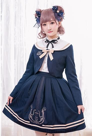 ロリータファッション ロリータ Chess Story ブランド 制服風ジャケット スカート 2ピース ストライプ リボン 学生 ネイビー グレー Loli0077 ロリータゴスロリ専門通販ショップluxury ラグジュアリー 安い価格で可愛いロリータワンピースを取り揃えています