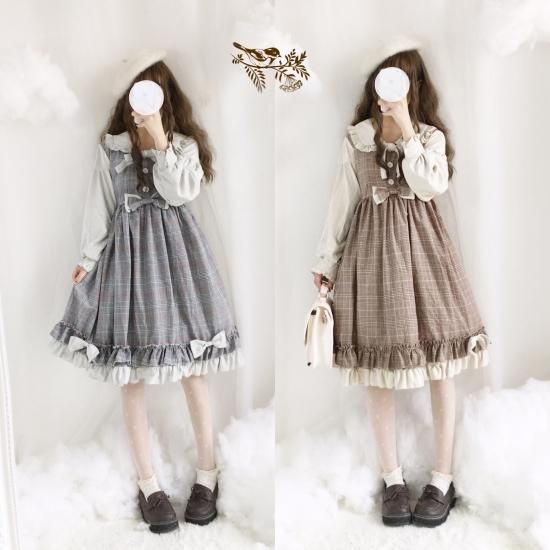 ロリータファッション ロリータ 千鳥格子autumn長袖ワンピース カチューシャ セット op kc 甘ロリ ロリータゴスロリ専門通販ショップluxury ラグジュアリー 安い価格で可愛いロリータワンピースを取り揃えています