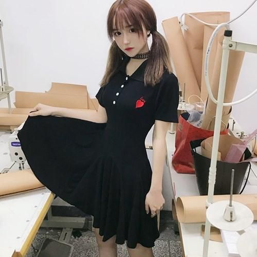 ゴスロリ ハート刺繍 ポロシャツ風ワンピース ワンピ Op カジュアル 半袖 夏物 普段使い ロリータ ひらひら Loli1369 ロリータゴスロリ専門通販ショップluxury ラグジュアリー 安い価格で可愛いロリータワンピースを取り揃えています