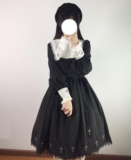 即納あり ロリータファッション 修道女スタイル 長袖 ワンピース クロス 黒ロリ ゴスロリ フリル ティアード ロリータゴスロリ 専門通販ショップluxury ラグジュアリー 安い価格で可愛いロリータワンピースを取り揃えています