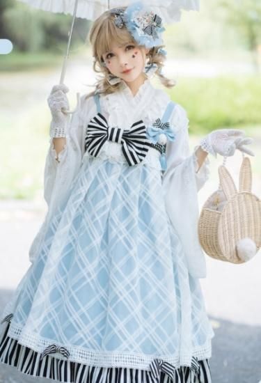 Nyanya アリス風 ハイウエスト ジャンパースカート ブルー チェック柄 シフォン ストライプ リボン パール 膝丈ワンピース Loli ロリータゴスロリ専門通販ショップluxury ラグジュアリー 安い価格で可愛いロリータワンピースを取り揃えています Nyanya アリス風 ハイウエスト ジャンパースカート ブルー チェック柄 シフォン ストライプ リボン パール 膝丈ワンピース Loli ロリータゴスロリ専門通販ショップluxury ラグジュアリー 安い価格で可愛いロリータワンピースを取り揃えています