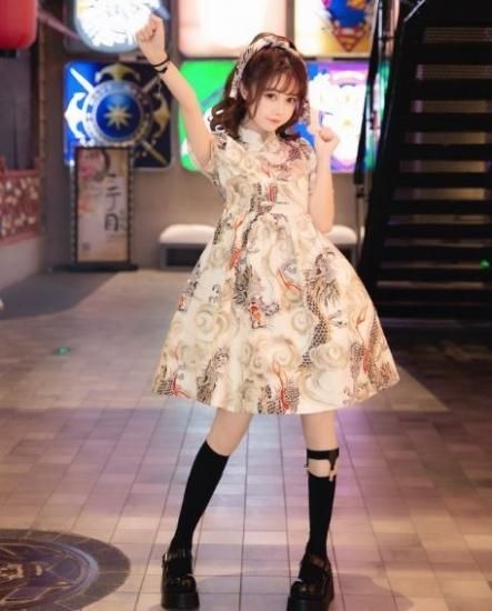 ロリータ ワンピース5色 Lulus Garden 華ロリ 龍 プリント Aライン 総柄 ミディアム チャイナ 春夏 半袖 ロリータファッション Loli54 ロリィタ ゴスロリ 和ロリ 華ロリ専門通販ショップluxury ラグジュアリー 安い価格で可愛いこだわりのロリータワンピースを