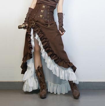 一部即納 スチームパンク スカート アシンメトリー Steampunk ブラウン ロング フリル レザー調 春 ゴスロリ ロリータファッション Loli2118 ロリータゴスロリ専門通販ショップluxury ラグジュアリー 安い価格で可愛いロリータワンピースを取り揃えています