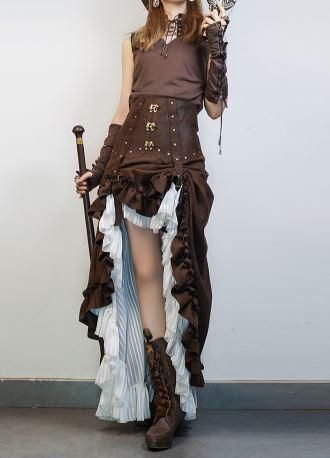 一部即納 スチームパンク スカート アシンメトリー Steampunk ブラウン ロング フリル レザー調 春 ゴスロリ ロリータファッション Loli2118 ロリータゴスロリ専門通販ショップluxury ラグジュアリー 安い価格で可愛いロリータワンピースを取り揃えています