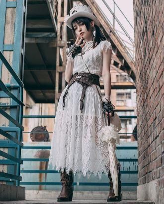 スチームパンク ワンピース ドレス Steampunk ホワイト レース ロング ミモレ丈 半袖 ベルト別売り ロリータファッション Loli2167 ロリータゴスロリ和ロリ専門通販ショップluxury ラグジュアリー 安い価格で可愛いこだわりのロリータワンピースを取り揃えています