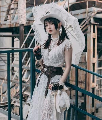 スチームパンク ワンピース ドレス Steampunk ホワイト レース ロング ミモレ丈 半袖 ベルト別売り ロリータファッション Loli2167 ロリータゴスロリ専門通販ショップluxury ラグジュアリー 安い価格で可愛いロリータワンピースを取り揃えています