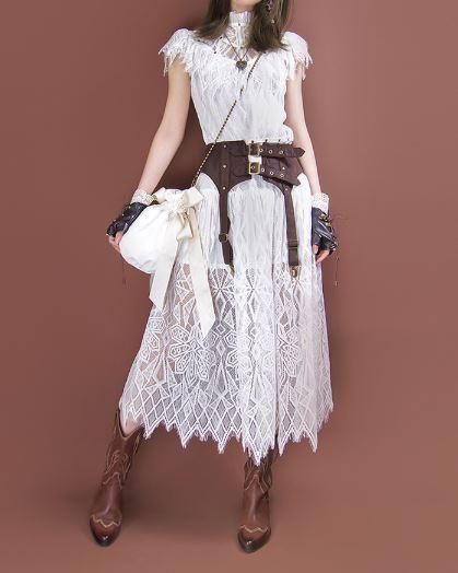 スチームパンク ワンピース ドレス Steampunk ホワイト レース ロング ミモレ丈 半袖 ベルト別売り ロリータファッション Loli2167 ロリータゴスロリ専門通販ショップluxury ラグジュアリー 安い価格で可愛いロリータワンピースを取り揃えています