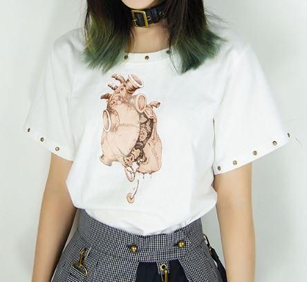 スチームパンク Tシャツ2色 ホワイト ブラック 半袖 スタッズ イラスト プリント 春夏 カジュアル ロリータファッション Loli2171 ロリータゴスロリ専門通販ショップluxury ラグジュアリー 安い価格で可愛いロリータワンピースを取り揃えています