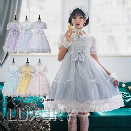 ロリータ ワンピース8色 ハイウエスト リボン 春夏 ワンピ かわいい フェミニン フリル ドール カラバリ豊富 ひざ上丈 ショート丈 ふんわり 透け感 ゴスロリ ロリータファッション ロリータゴスロリ和ロリ専門通販ショップluxury ラグジュアリー 安い価格で可愛い