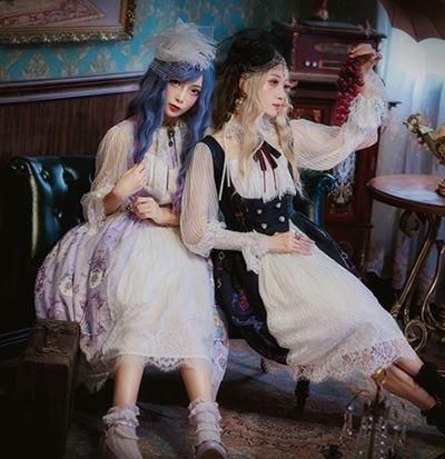 ロリータ ワンピース ゴシック ホワイト ブラック ミディアム プリント レース 春夏 透け感 長袖 ハイウエスト フレア Aライン かわいい プチプライス ゴスロリ ロリータファッ Loli2294 ロリータゴスロリ専門通販ショップluxury ラグジュアリー 安い価格で可愛い