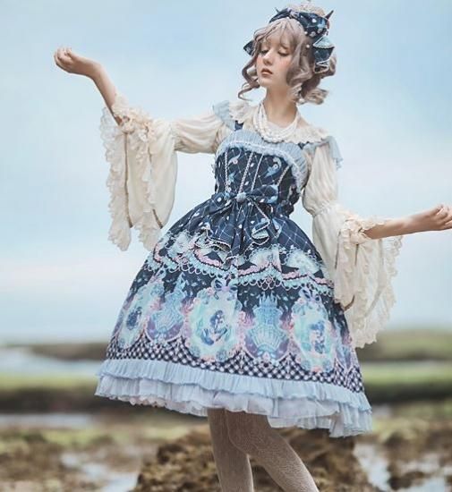 ロリータ ロマンティック ジャンスカ3色 人魚姫 マーメイド プリント 甘ロリ リボン レース サックス ピンク ネイビー ふんわり フレア レース ミディアム かわいい Loli2521 ロリィタ ゴスロリ 和ロリ 華ロリ専門通販ショップluxury ラグジュアリー 安い価格で可愛い