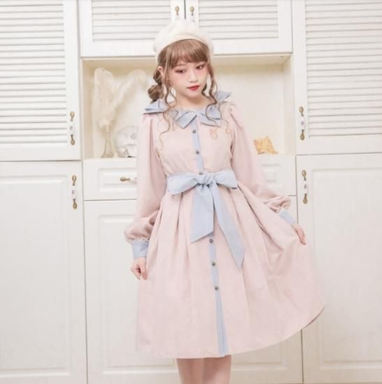 ロリータ Dollydelly パステルカラー ワンピース リボン ピンク イエロー ボタン ミディアム カジュアル 上品 ワンサイズ 長袖 パフスリーブ 春物 人気 かわいい Loli2595 ロリータゴスロリ専門通販ショップluxury ラグジュアリー 安い価格で可愛いロリータ ワンピースを