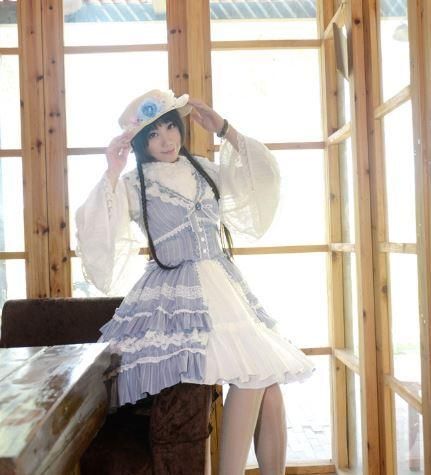 ロリータ ストライプ クラシカル ジャンスカ 春夏 ブルー ミディアム フレア Aライン レース フリル ふんわり 甘ロリ ワンピ かわいい キュート フェミニン レースアップ リボン ティアード ロリータゴスロリ専門通販ショップluxury ラグジュアリー 安い価格で可愛い