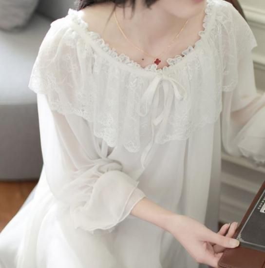 ロリータ シフォン ネグリジェ 春夏 パジャマ ナイティ ルームウェア 部屋着 ホワイト ふんわり かわいい ユメかわいい フェミニン ゆったり らくちん ロング パフスリーブ 長袖 透け感 ロリータゴスロリ専門通販ショップluxury ラグジュアリー 安い価格で可愛い