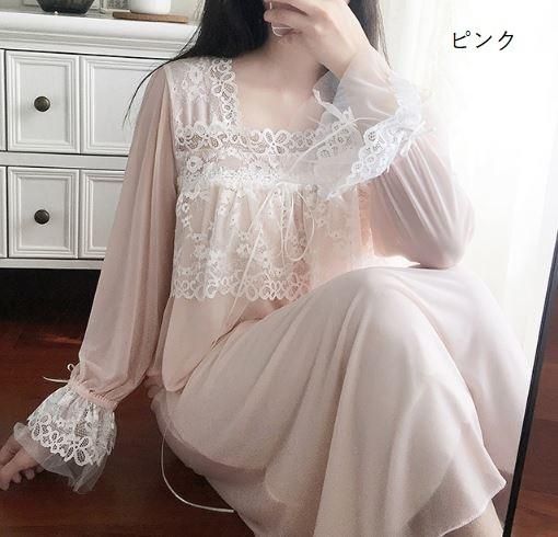ロリータ 長袖 ネグリジェ シフォン ネグリジェ 3色 ワンピース ホワイト ピンク カーキ 甘ロリ クラシカル ナイティ ルームウェア 部屋着 レース コットン ロング ゆったり レトロ ロリータゴスロリ専門通販ショップluxury ラグジュアリー 安い価格で可愛いロリータ