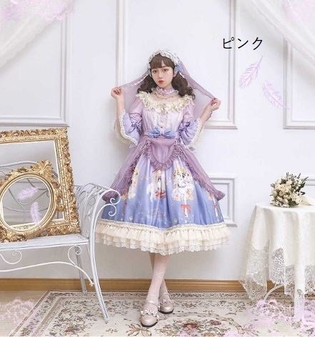 ロリータ 姫袖 ドレス ワンピース 2色 春夏 ピンク ブルー プリント ミディアム 七分袖 ラウンドネック リボン フリル ふんわり フレア かわいい お呼ばれ 茶話会 イベント Lolita ロリィタ ゴスロリ 和ロリ 華ロリ専門通販ショップluxury ラグジュアリー 安い価格で