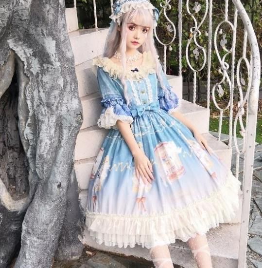 ロリータ 姫袖 ドレス ワンピース 2色 春夏 ピンク ブルー プリント ミディアム 七分袖 ラウンドネック リボン フリル ふんわり フレア かわいい お呼ばれ 茶話会 イベント Lolita ロリィタ ゴスロリ 和ロリ 華ロリ専門通販ショップluxury ラグジュアリー 安い価格で