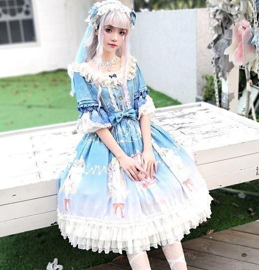 ロリータ 姫袖 ドレス ワンピース 2色 春夏 ピンク ブルー プリント ミディアム 七分袖 ラウンドネック リボン フリル ふんわり フレア かわいい お呼ばれ 茶話会 イベント Lolita ロリィタ ゴスロリ 和ロリ 華ロリ専門通販ショップluxury ラグジュアリー 安い価格で
