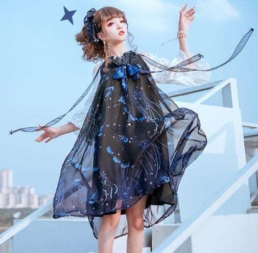 ロリータ クラゲ サマー ジャンスカ 春夏 ドレス ミディアム ネイビー ホルターネック くらげ クラゲ プリント リボン ふんわり フレア フェミニン トレンド 上品 おでかけ デート お呼ばれ ロリータゴスロリ専門通販ショップluxury ラグジュアリー 安い価格で可愛いロリータワンピースを