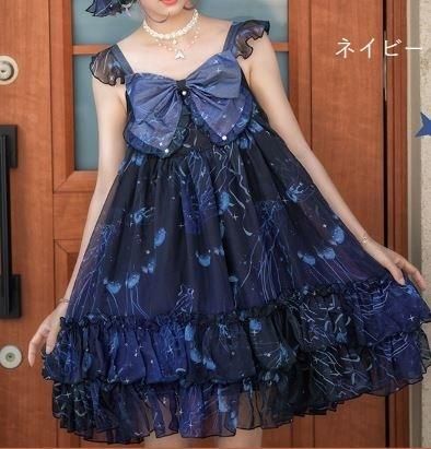 ロリータ クラゲ シフォン サマー ジャンスカ3色 Jsk 春夏 ミディアム ひざ上丈 くらげ プリント ふんわり フレア ピンク ネイビー ブルー 大きいサイズ サイズ豊富 人気 トレンド ロリータゴスロリ専門通販ショップluxury ラグジュアリー 安い価格で可愛いロリータ