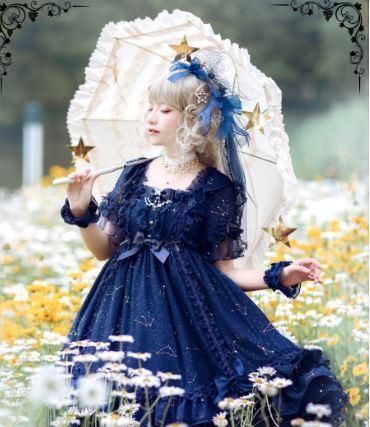 ロリータ 星空 半袖 ワンピース 甘ロリ 姫ロリ クラシカルロリータ クラロリ リボン たっぷりフリル ワンピース のみ 星柄 星 スター ロリィタ ゴスロリ 和ロリ 華ロリ専門通販ショップluxury ラグジュアリー 安い価格で可愛いこだわりのロリータワンピースを取り揃え