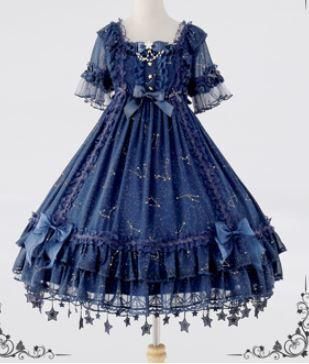 ロリータ 星空 半袖 ワンピース 甘ロリ 姫ロリ クラシカルロリータ クラロリ リボン たっぷりフリル ワンピース のみ 星柄 星 スター ロリータゴスロリ和ロリ専門通販ショップluxury ラグジュアリー 安い価格で可愛いこだわりのロリータワンピースを取り揃えています