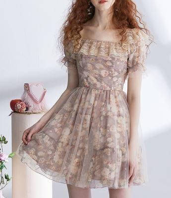 セミロリータ プリント ワンピース のみ 小花柄 花柄 お花 花柄 お花 パステルカラー ジェラートカラー マカロンカラー 童話風 ミニ丈 ショート丈 膝上 半袖 パフスリーブ ちょうちん袖 スクエア ロリータゴスロリ専門通販ショップluxury ラグジュアリー 安い価格で