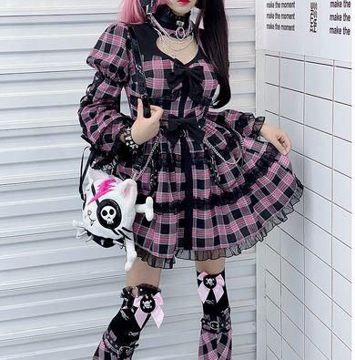 Diamond Honey パンク カジュアルロリータ ロリータファッション ロリィタ ワンピース チェック柄 プリント ミニ丈 ショート丈 膝上 長袖 パンク かわいい ロリィタ Loli3180 ロリータゴスロリ専門通販ショップluxury ラグジュアリー 安い価格で可愛いロリータ