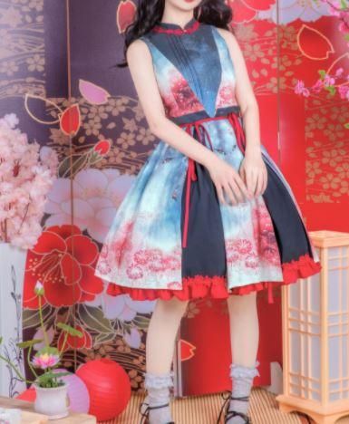 ロリータファッション ノースリーブ ワンピース 華ロリ 中華ロリ 和ロリ 和風ロリータ 2色 無地 ギャザー ひだ プリント ミニ丈 ショート丈 膝上 膝丈 ひざ丈 彼岸花 ロリィタ ゴスロリ 和ロリ 華ロリ専門通販ショップluxury ラグジュアリー 安い価格で可愛いこだわりの