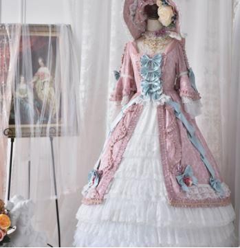 ロリータ ロココ 姫袖 ワンピース ロング マキシ ハロウィン イベント クラシカル エレガント リボン レースアップ フレア ふんわり ボリューム フリル プリント 秋冬 パーティ ロリータゴスロリ専門通販ショップluxury ラグジュアリー 安い価格で可愛いロリータ