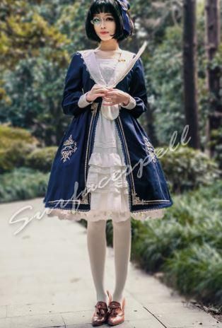 Surfacespell セーラー風 ワンピース 4色 秋冬 クラシカル クラロリ ミディアム ひざ丈 長袖 上品 学生風 学園風 英国風 ストライプ コルセット付き フレア ハイウエスト ロリータゴスロリ専門通販ショップluxury ラグジュアリー 安い価格で可愛いロリータワンピースを