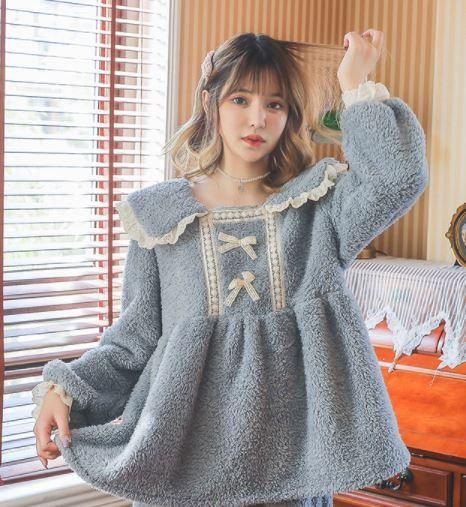 ルームウェアセット 2色 秋冬 もこもこ フリル 甘ロリ ラブリー バイカラー ホワイト ふんわり ゆったり 部屋着 パジャマ 上下セット 2点セット あったか ふんわり 長袖 パフスリーブ ロリータゴスロリ専門通販ショップluxury ラグジュアリー 安い価格で可愛いロリータ