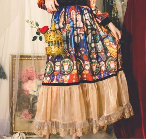 セミロリータ プリントスカート 秋冬 通年 春秋 切りかけ ふんわり フリル ロング フレア エレガント カラフル 華やか ゴージャス おしゃれ 大きいサイズ サイズ豊富 ゆったり 体型カバー レディ ロリータゴスロリ専門通販ショップluxury ラグジュアリー 安い価格で
