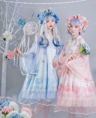 ワンピース 2色 通年 長袖 ふんわり 華ロリ 春秋 中国風 チャイナドレス ドレス フレア かわいい フェアリー ミディアム ひざ下丈 ピンク ブルー イベント 撮影 デート お呼ばれ フェミニン ロリータゴスロリ専門通販ショップluxury ラグジュアリー 安い価格で可愛い