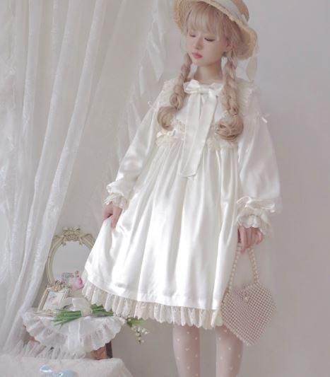 ドレスワンピース 甘ロリ 春夏 春秋 通年 ミディアム ひざ丈 フレア ハイウエスト フリル リボン レース ホワイト ふんわり ドール 森ガール メイド かわいい キュート ゴスロリ ロリータ ロリータゴスロリ専門通販ショップluxury ラグジュアリー 安い価格で可愛い
