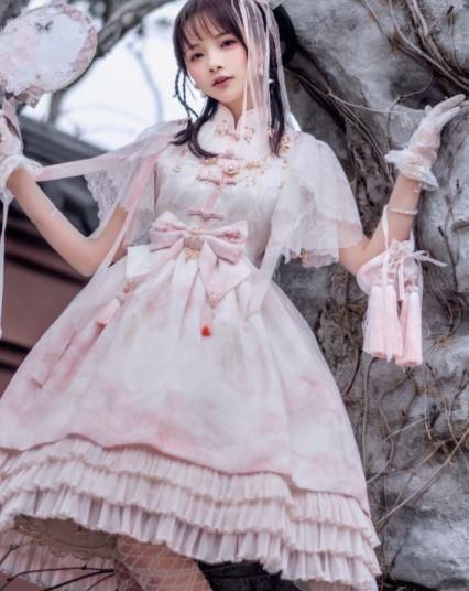 シフォン ノースリーブ ワンピース 華ロリ 中国風 フレンチスリーブ ふんわり 天女 ピンク プリント フレア ミディアム ひざ丈 ドレス おしゃれ パーティ イベント 撮影 ワンサイズ ロリータゴスロリ専門通販ショップluxury ラグジュアリー 安い価格で可愛いロリータ