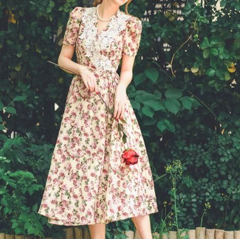 フラワーワンピース 春夏 半袖 ロング レース レトロ アンティーク カシュクール Vネック フレア ふんわり デート お呼ばれ 二次会 パーティ イベント おでかけ 上品 フェミニン セミロリータ ロリータゴスロリ専門通販ショップluxury ラグジュアリー 安い価格で可愛い
