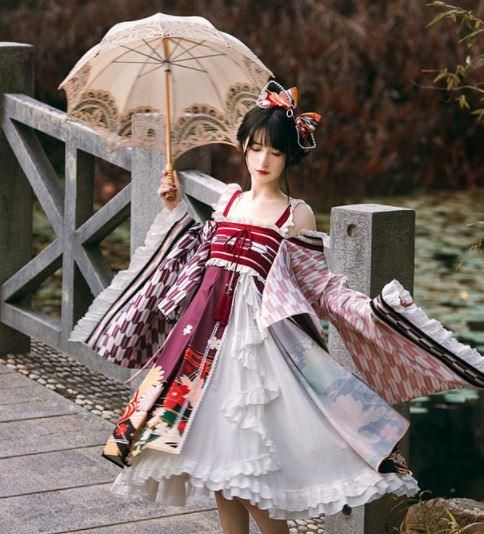 和ロリ 矢がすり 袴風 ジャンパースカート セットアップ 春夏 春秋 ブラウス リボン 3点セット はいからさん 和服 着物 和風 ミディアム フリル フレア 矢絣 レトロ モダン ロリィタ ゴスロリ 和ロリ 華ロリ専門通販ショップluxury ラグジュアリー 安い価格で可愛い